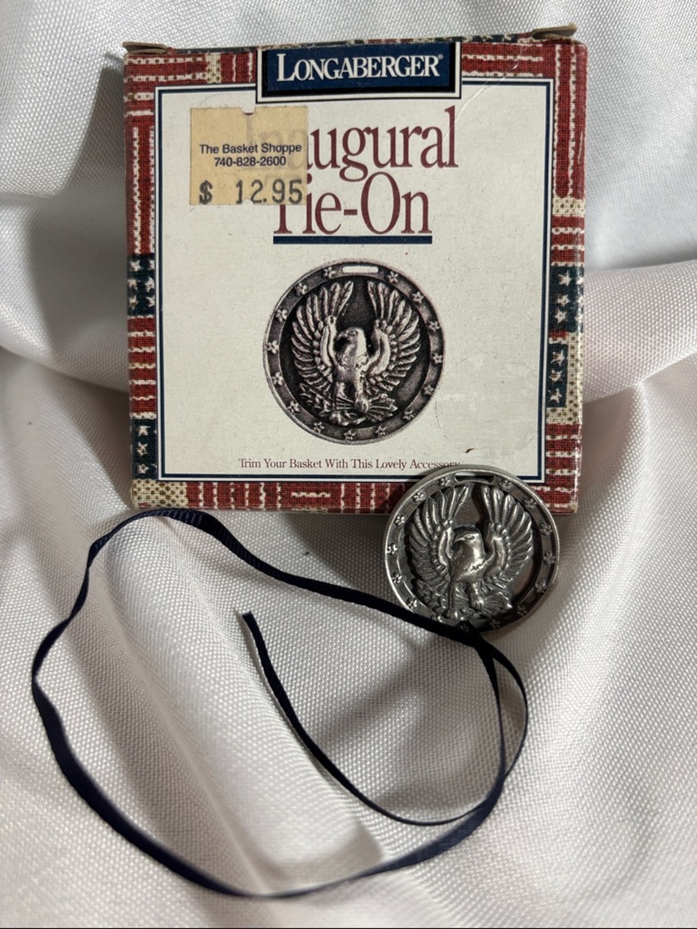 Longaberger 1997 Inaugural Silver Eagle Medallion Tie-On Accent with Navy Ribbon